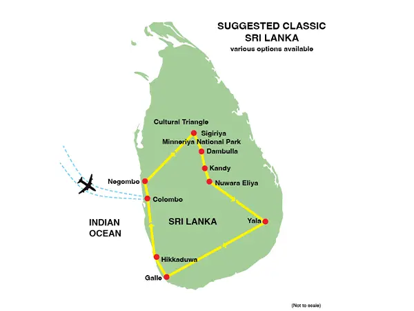 Map of the Suggested Classic Sri Lanka tour route