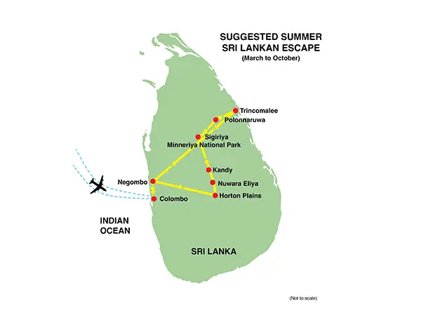 Map of the Suggested Summer Sri Lankan Escape tour route